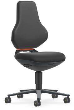 This is a black office chair with an ergonomic backrest and a padded seat. The chair has five wheels and an adjustable seat height.