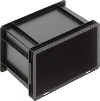 Das Bild zeigt eine rechteckige schwarze Kunststoffbox. Sie hat offene Seiten und eine flache Oberseite. Der Innenraum ist leer, und die Wände sind stabil und glatt.