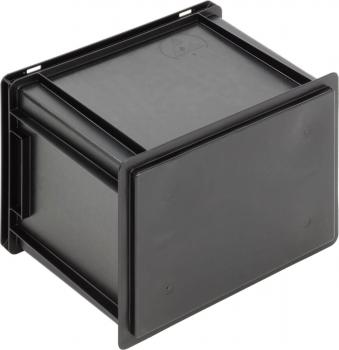 Das Bild zeigt eine schwarze, quadratische Kunststoffbox mit einem flachen Deckel. Sie hat keine sichtbaren Griffe und wirkt robust und funktional, ideal zum Verstauen von Gegenständen.
