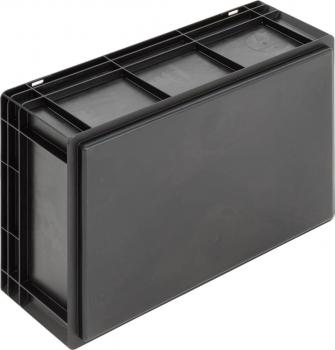 Das Bild zeigt eine schwarze, rechteckige Kunststoffbox. Sie hat eine glatte, flache Oberfläche und ist leicht erhöht, mit einem stabilen Rahmen, der Öffnungen zur besseren Handhabung hat.