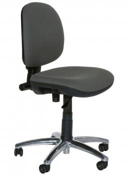 The chair has a round, padded seat and a high, curved backrest. It is swivel and has five casters for easy mobility. The color is a soft blue.