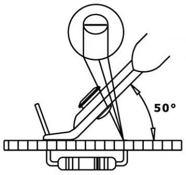 The image displays a schematic elevation of an object that is tilted at an angle of 50 degrees. A line represents a beam targeting the object from above. Adjacent to it, a base is visible.