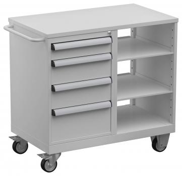 The image shows a white rolling cabinet with a smooth top, four drawers on the left side, and an open shelf on the right. It has wheels and a handle for pushing.
