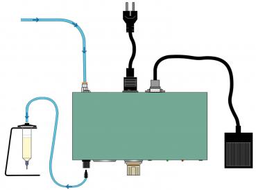 The image shows a device with a rectangular casing. Above are various cables, including a power plug. On the side, there is a hose and a syringe. The front features buttons and lights.