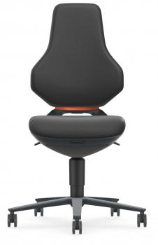 The office chair has a high, curved backrest and a wide, padded seat. Both elements are covered in dark fabric. The chair has five casters and a central support.