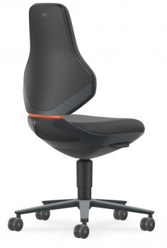 The chair has an ergonomic backrest with rounded edges. The seat is padded and black, with a decorative element in orange. It has five wheels and an adjustable base.