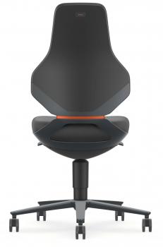 The chair features an ergonomic, high backrest in an elegant, matte black. The seat is round and has a slight curve. Beneath the seat, five caster feet extend. An orange accent line is visible.