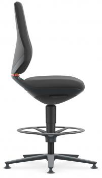 The chair has a black, curved backrest and a padded seat. It stands on a stable base with a round footrest and is height adjustable.