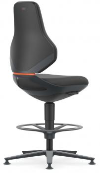 The image shows a stylish, black swivel chair with a medium-high back. The seat is padded, and the chair has footrests as well as a simple, modern base.