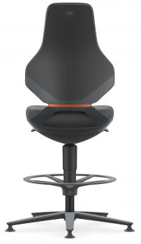 The image shows a modern office chair with a high backrest, black upholstery, and a gray frame. An orange accent runs horizontally in the middle. The chair has a footrest.