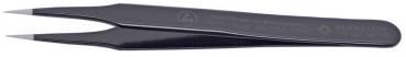 In the picture, there are black, fine tweezers. They have narrow, pointed tips and a sleek design. The handle is slightly curved for precise work.