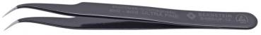 The image shows a sharp, black tweezer made of stainless steel. It features a thin and curved handle suitable for precise work. The surface is matte and smooth.