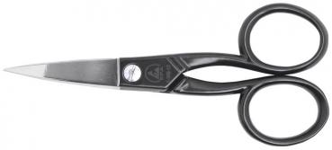 The image shows a pair of scissors with black plastic handles and a shiny, pointed blade. The handles are round in shape and symmetrical. The scissors appear sharp and functional.