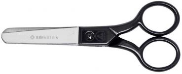 The image displays a pair of scissors with a shiny, narrow blade and black, round handles. The blade features a distinctive manufacturer's imprint.