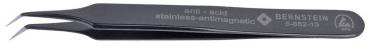 The image shows a sharp stainless steel tweezer. It is coated in black and has a smooth surface. On the metal, inscriptions such as "anti-acid" and "stainless" can be read.