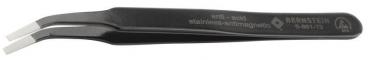 The image shows a black, pointed tweezer with a serrated end. It is made of stainless, anti-magnetic material and has a smooth surface.