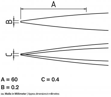Das Bild zeigt zwei schematische Darstellungen. Oben sind zwei Linien, die in einem Punkt zusammentreffen, mit den Maßen A (60 mm) und B (0,2 mm). Unten scheinen Linien divergierend zu verlaufen mit Maß C (0,4 mm).