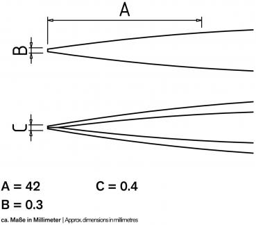 The image displays technical drawings of two objects with lines. At the top, dimensions A and B are indicated, and at the bottom, dimension C. The dimensions are given in millimeters: A=42, B=0.3, C=0.4.
