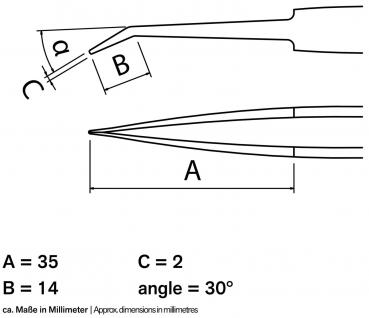Das Bild zeigt eine skizzierte Zange mit verschiedenen Abmessungen: A = 35 mm, B = 14 mm, C = 2 mm und einem Winkel von 30°. Maße sind beschriftet, um Klarheit zu schaffen.