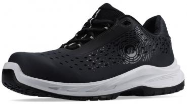 The shoe is sporty, predominantly black with white accents. It features a breathable upper with many small holes and a modern, rubberized sole for good grip.