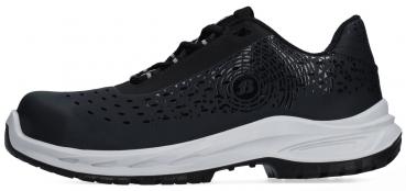 The shoe is black with a white sole. It has a perforated upper for ventilation and a sporty, modern shape. The laces are black and the heel is slightly elevated.