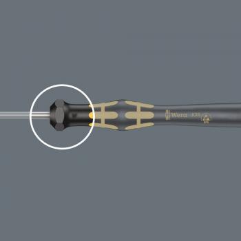 The image shows a black screwdriver with yellow accents. The handle has an ergonomic shape, while the blade is straight and thin. There is a symbol on the top of the handle.