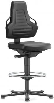 The image shows a black swivel chair with a high backrest and armrests. The seat is padded and the base has five casters. A foot ring complements the design.