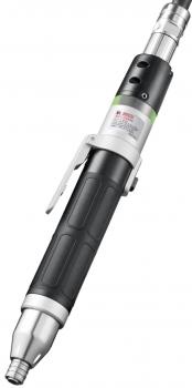 The image shows a cylindrical, black screwdriver with a silver head. The handle is non-slip and has a clip mechanism. At the tip, there is a long, thin tool.