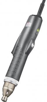 The image shows a black electric hand tool with a round, metallic shiny head. It has a handle and a cord. There are several buttons and a small light on the body.
