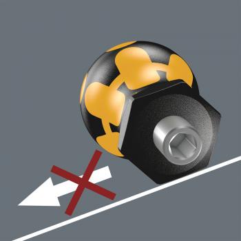 The image shows a black screw with a yellow, rounded top that has a pattern. Next to it is a red "X" on a slanted line, indicating incorrect positioning.