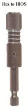 The image shows a metallic adapter that transitions from a hexagonal end to a HIOS connector. The adapter has a cylindrical shape with attached grooves and a small hole.