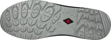 The image shows the sole of a shoe. It is light gray with a textured profile featuring round and square patterns. In the center, there is a red logo.