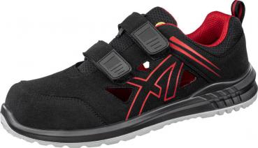 The shoe is black with red accents. It has two Velcro straps and a sporty look. The sole is non-slip, and the insole is red and breathable.