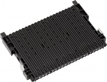 Das Bild zeigt eine rechteckige, flache schwarze Komponente mit vielen parallelen Rillen und seitlichen Clips, die wahrscheinlich für elektronische Geräte oder Maschinen verwendet wird.