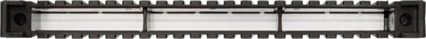 The image shows an elongated, rectangular structure in black with clear, transparent elements in the middle. The edges are serrated, and there is a round cutout at each end.