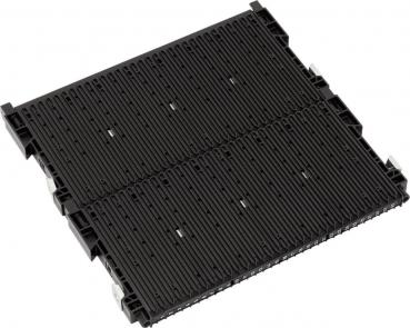The image shows a rectangular, black plastic plate with many parallel grooves. It has small hooks or tabs on the edges and appears sturdy and flat.