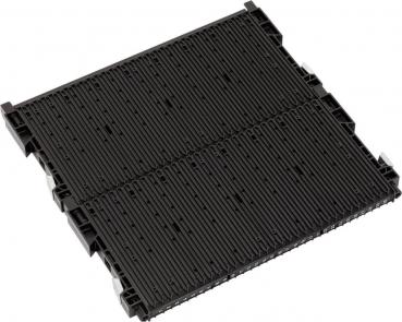 The image depicts a black palette with a textured surface and several round protrusions. It has small indentations on the sides for gripping.