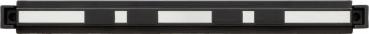 Das Bild zeigt einen langen, schmalen Gegenstand in Schwarz mit drei horizontalen, schmalen, weißen Streifen. Er ist flach und hat an den Enden schwarze Elemente.