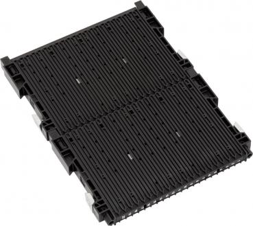 The image shows a black, rectangular plastic plate with many long, parallel grooves. It has small notches on the sides and appears sturdy and functional.