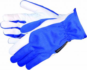 The image shows a pair of work gloves. They are predominantly blue with white palms. The gloves feature an elastic band for a better fit and are intended for outdoor use.