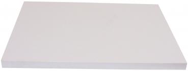The image shows a rectangular, flat, white plate. The surface is smooth and monochrome, without any patterns or textures. The edges are straight and clearly defined.