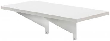 The image displays a simple, rectangular, white wall shelf. It is supported by two diagonally oriented brackets that are also white. The shelf has a smooth surface.