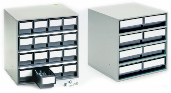 The image shows a compact storage cabinet with several small drawers. The drawers are gray, the casing is white. One drawer is pulled out.