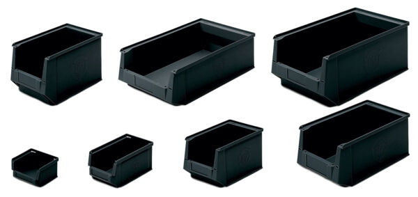 The image shows a rectangular, black plastic box without a lid. It has an open top and a slanted front for easy removal of contents.