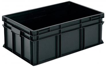 Das Bild zeigt eine rechteckige, schwarze Kunststoffbox ohne Deckel. Sie hat Griffe an den kurzen Seiten und ist stabil gebaut, ideal für die Lagerung von Gegenständen.