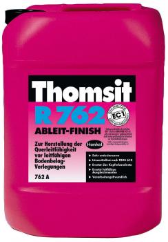 The image shows a pink plastic canister with a black label. It reads "Thomsit R 762 ABLEIT-FINISH", including instructions for use on flooring.