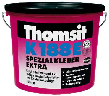 The image shows a bucket with a pink-purple hue. On the front, the product name "Thomsit K 188E Special Adhesive Extra" is displayed in large, white letters. Below that, there are instructions for use and properties of the adhesive.