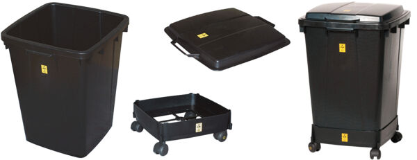 The image shows a rectangular, black trash can without a lid. It has grippy side walls and a yellow warning marking on the front. The edges are slightly rounded.