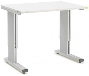 The table has a rectangular, white tabletop and silver, rectangular metal legs. The legs are height adjustable. The table appears modern and functional. Ideal for office or home office.