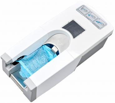 The image shows a device consisting of a white casing. It has a narrow opening in the middle, from which a blue bag protrudes. There are three buttons on the top.